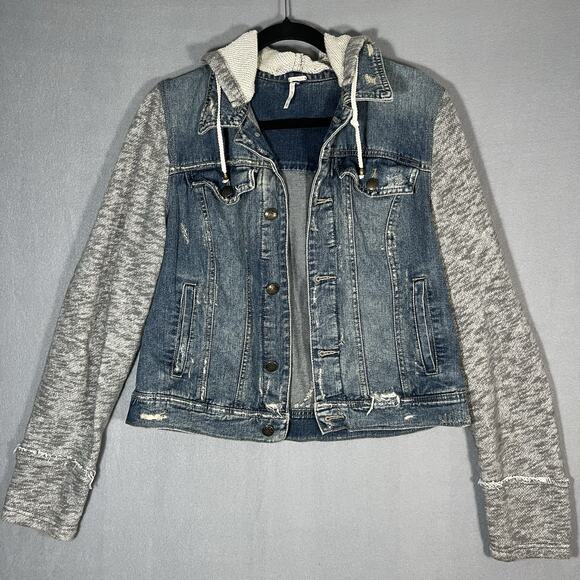 Free People Jean Jacket Blue Grey Denim Hooded‎ Trucker Distressed Womens Large - Picture 1 of 12